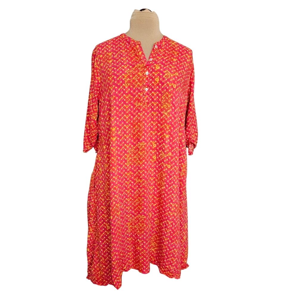 Rangmanch Dress Womens XXL Pink Orange Midi 3/4 Sleeves Kaftan Pockets Casual